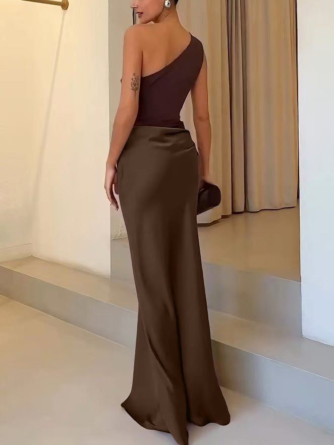Elegant One Shoulder Neck Pleated Party Maxi Dress