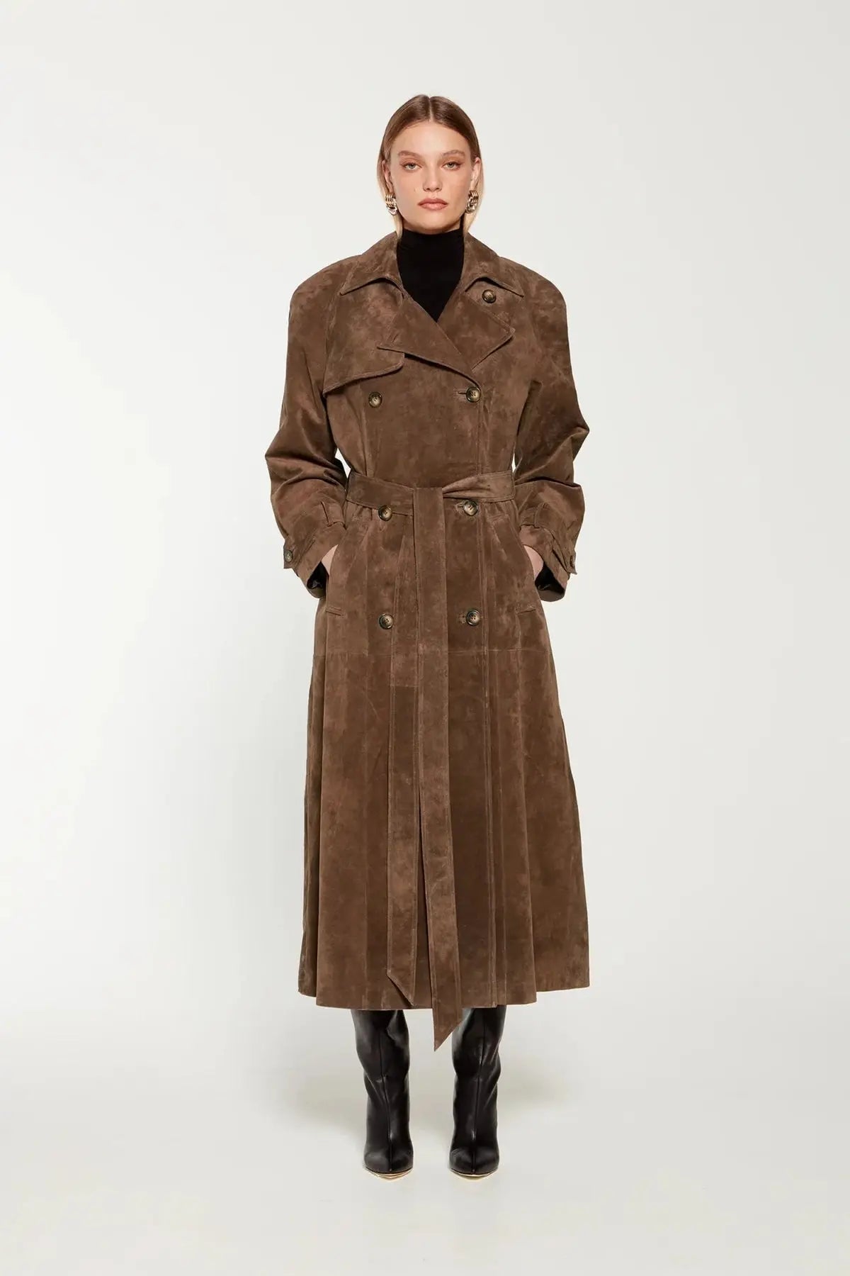 Dames Suède Trenchcoat Met Tailleceintuur En Dubbele Knoopsluiting