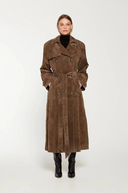 Dames Suède Trenchcoat Met Tailleceintuur En Dubbele Knoopsluiting