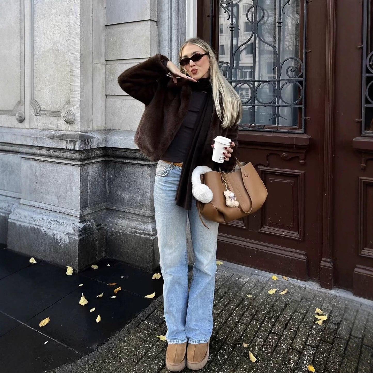 Artificial Fur Effect Lapel Loose Fashionable Jacket Women